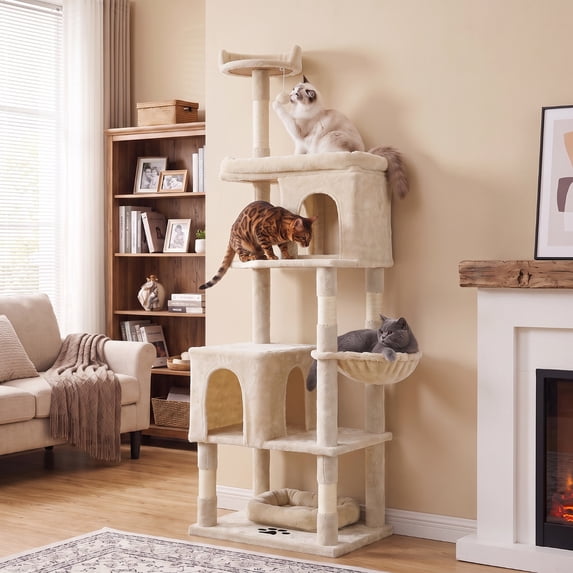 TLSUNNY Cat Tree Tower, Heavy Duty Cat Tower for Multiple Adult Cats, with Condos, Scratching Board, Scratching Post & 1 Interactive Cat Feather Toy, for Indoor Kitties, Beige