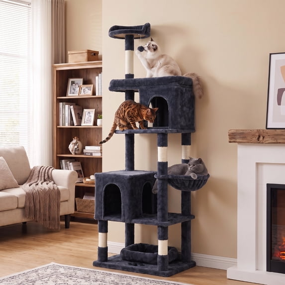 TLSUNNY Cat Tree Tower, Heavy Duty Cat Tower for Multiple Adult Cats, with Condos, Scratching Board, Scratching Post & 1 Interactive Cat Feather Toy, for Indoor Kitties, Beige