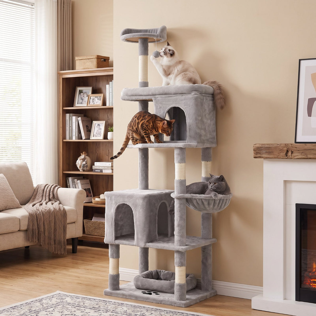 TLSUNNY Cat Tree Tower, Heavy Duty Cat Tower for Multiple Adult Cats, with Condos, Scratching Board, Scratching Post & 1 Interactive Cat Feather Toy, for Indoor Kitties, Beige