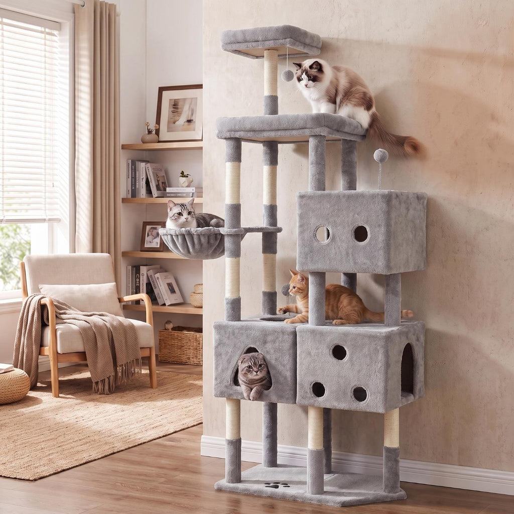 TLSUNNY Cat Tree Tower, Heavy Duty Cat Tower for Multiple Adult Cats, with Condos, Scratching Board, Scratching Post & 1 Interactive Cat Feather Toy, for Indoor Kitties, Beige