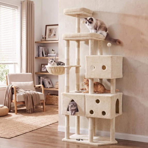 TLSUNNY Cat Tree Tower, Heavy Duty Cat Tower for Multiple Adult Cats, with Condos, Scratching Board, Scratching Post & 1 Interactive Cat Feather Toy, for Indoor Kitties, Beige