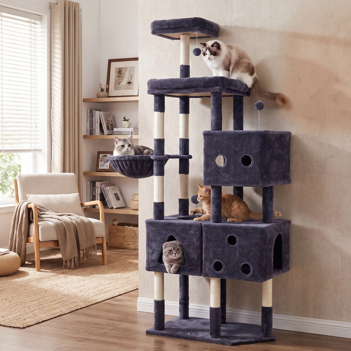 TLSUNNY Cat Tree Tower, Heavy Duty Cat Tower for Multiple Adult Cats, with Condos, Scratching Board, Scratching Post & 1 Interactive Cat Feather Toy, for Indoor Kitties, Beige