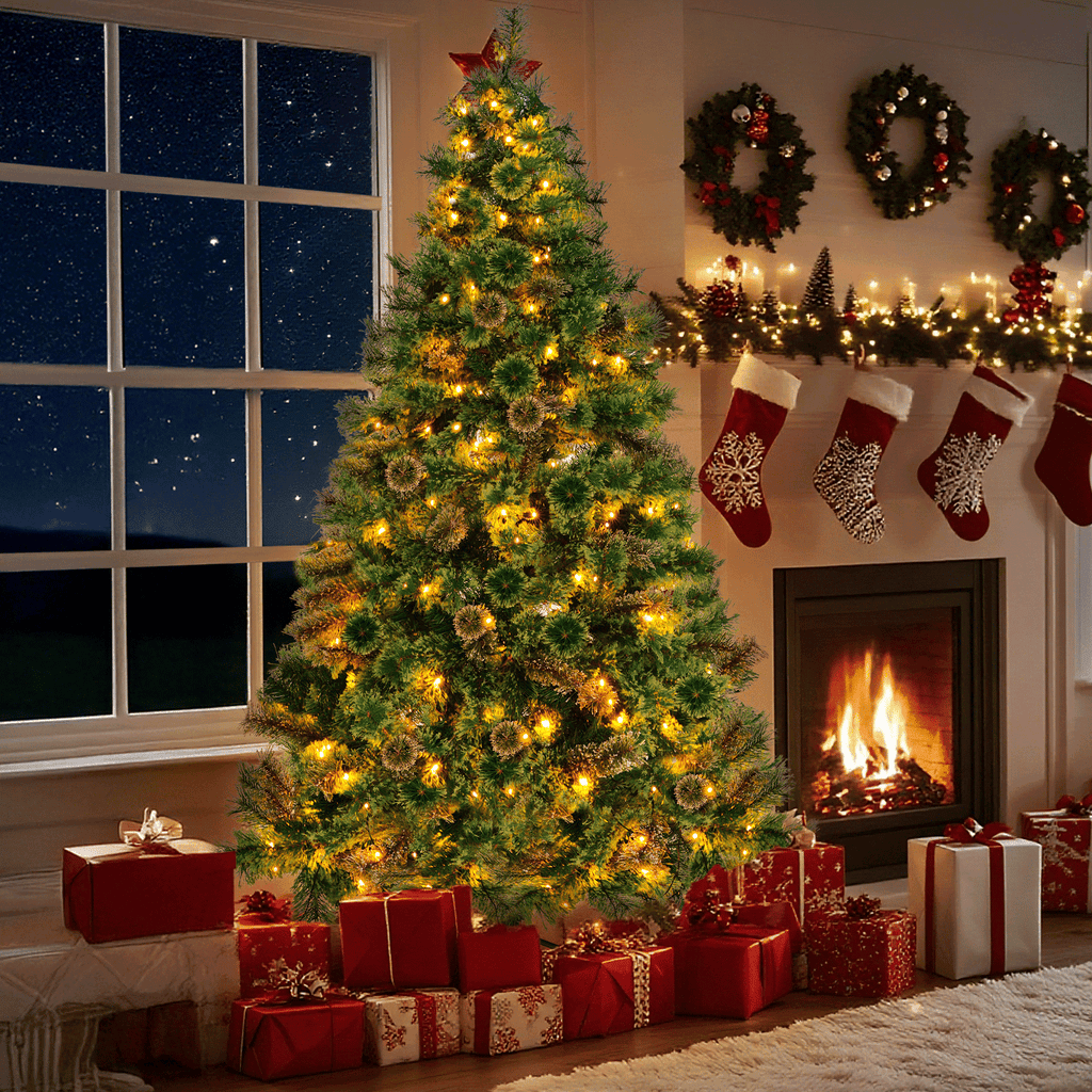 TLSUNNY 6/8/9ft Pre-lit Artificial Christmas Tree with 550 Branche Tips 250 LED Warm Lights, Fluffy Snow Flocked Pine Tree, Metal Stand Hinged Xmas Tree