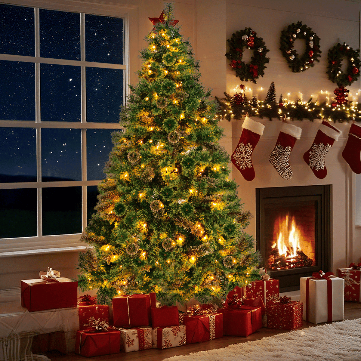 TLSUNNY 6/8/9ft Pre-lit Artificial Christmas Tree with 550 Branche Tips 250 LED Warm Lights, Fluffy Snow Flocked Pine Tree, Metal Stand Hinged Xmas Tree