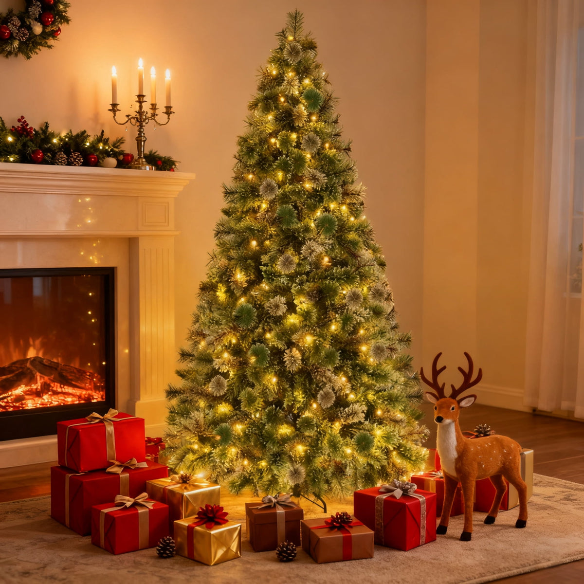 TLSUNNY 6/8/9ft Pre-lit Artificial Christmas Tree with 550 Branche Tips 250 LED Warm Lights, Fluffy Snow Flocked Pine Tree, Metal Stand Hinged Xmas Tree