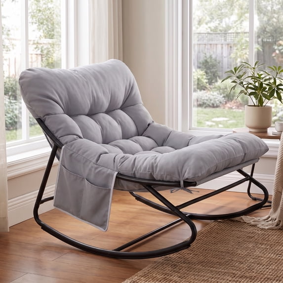 TLSUNNY Indoor Rocking Chair, Accent Rocker Chair with Solid Metal Frame, Side Pocket, Papasan Rocker Lounge Chair for Living Room/Bedroom/Reading Nook