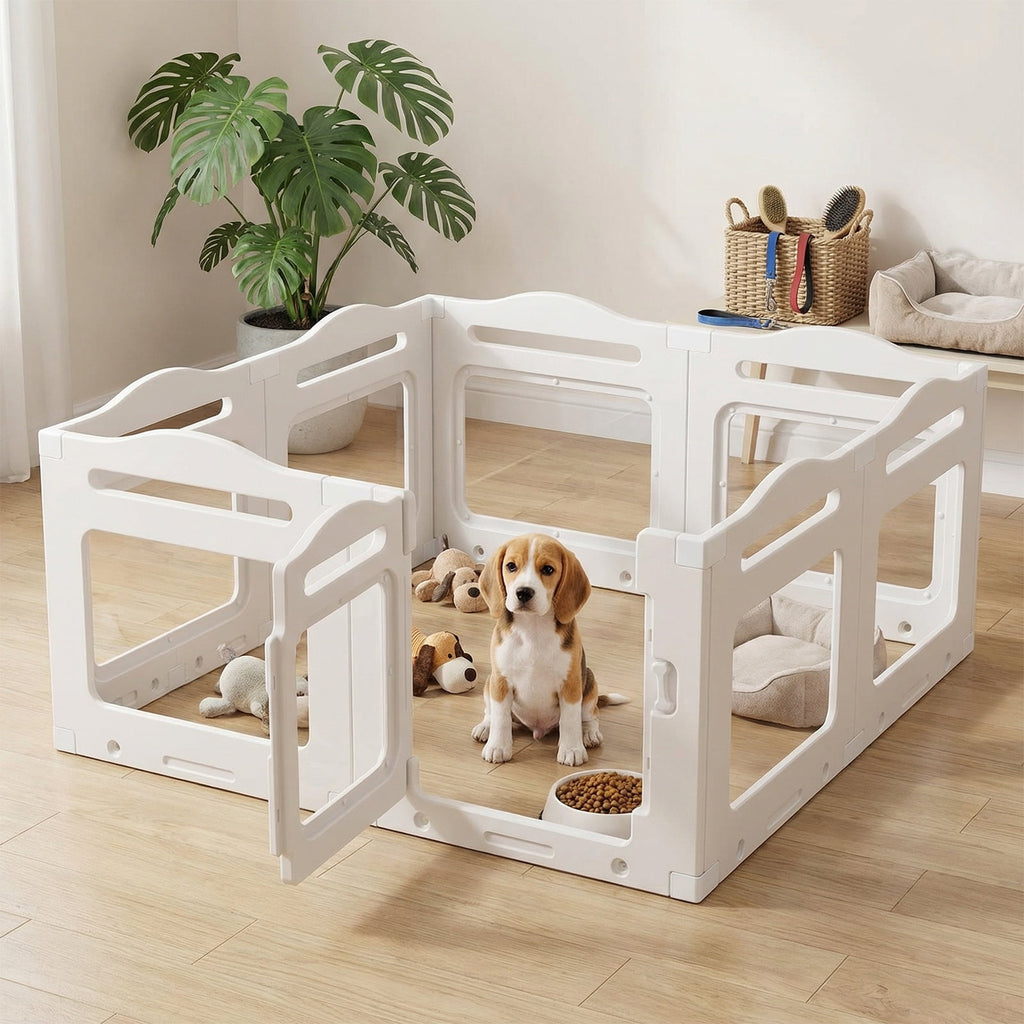 TLSUNNY Clear Acrylic Dog Playpen with Secure Locking Door, 23.6" Puppy Playpen Indoor , Plastic Pet Fence for Medium/Small Dogs (8 Panels)