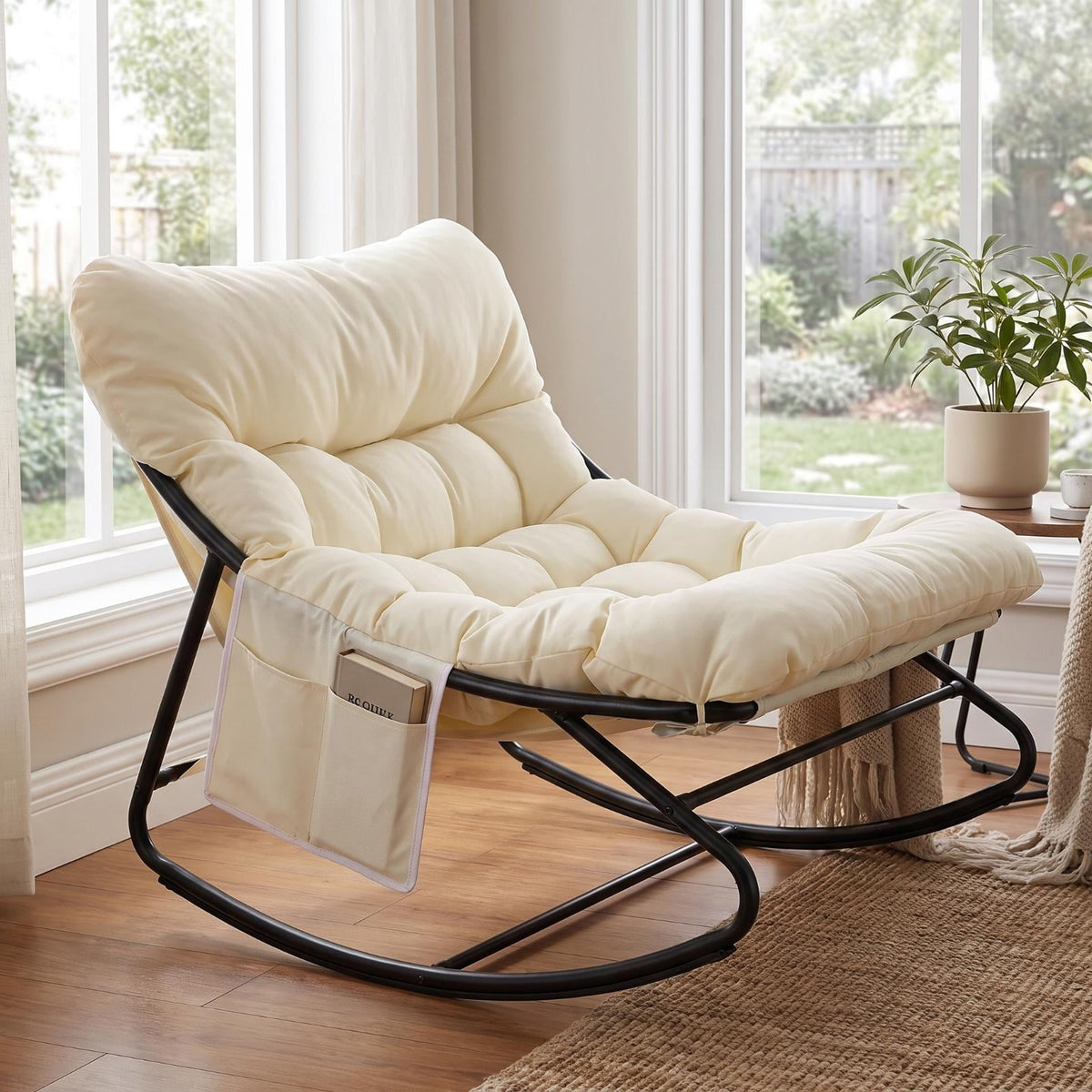 TLSUNNY Indoor Rocking Chair, Accent Rocker Chair with Solid Metal Frame, Side Pocket, Papasan Rocker Lounge Chair for Living Room/Bedroom/Reading Nook