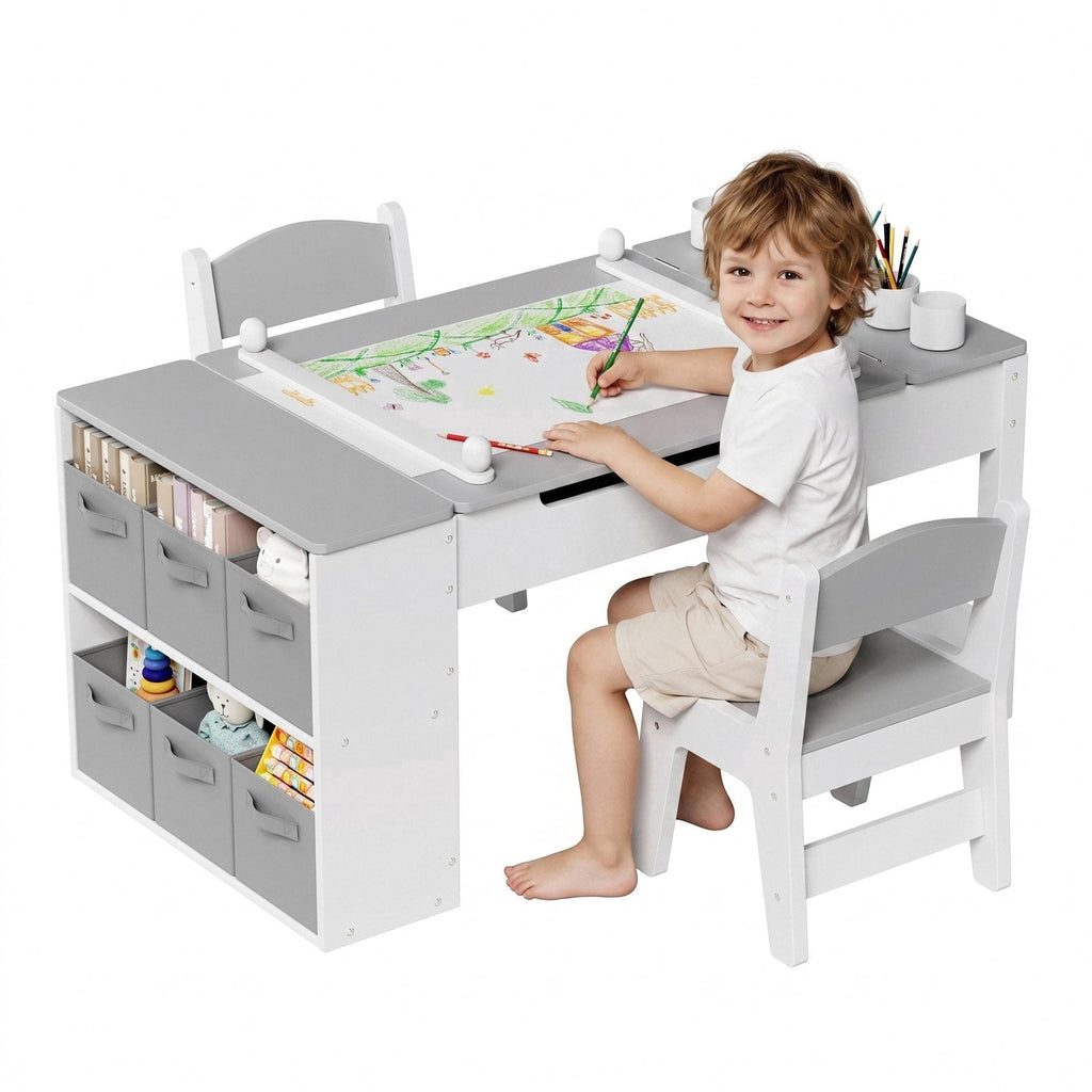 TLSUNNY Kids Art Table and 2 Chairs Set, Toddlers Craft Table Set with Storage Bins, Paint Cups and Paper Roll, Activity Table Set for Age 3+