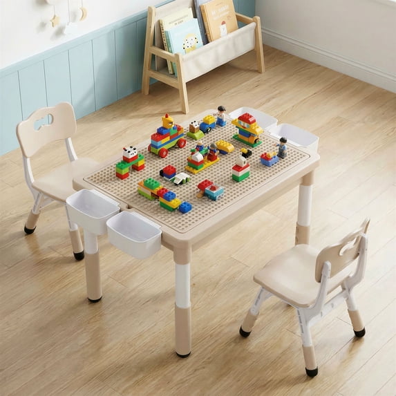 TLSUNNY Toddler Table and 2 Chairs Set, W/ Large Storage & Double-Sided Graffiti/Block Building Table Top, 4 Drawers, Height Adjustable