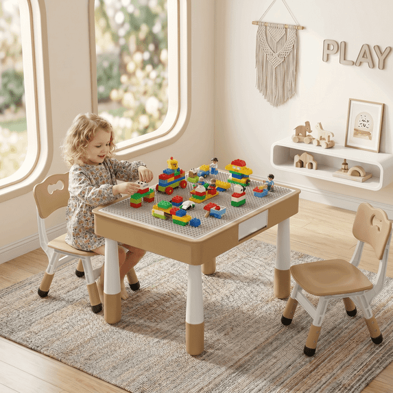 TLSUNNY Kids Table and 2 Chairs Set, W/ Double-Sided Graffiti/Building Blocks Activity Tabletop and 2 Drawers for Drawing/Playing/Reading, for Toddlers