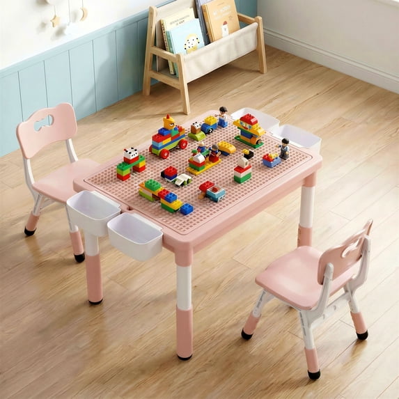 TLSUNNY Toddler Table and 2 Chairs Set, W/ Large Storage & Double-Sided Graffiti/Block Building Table Top, 4 Drawers, Height Adjustable