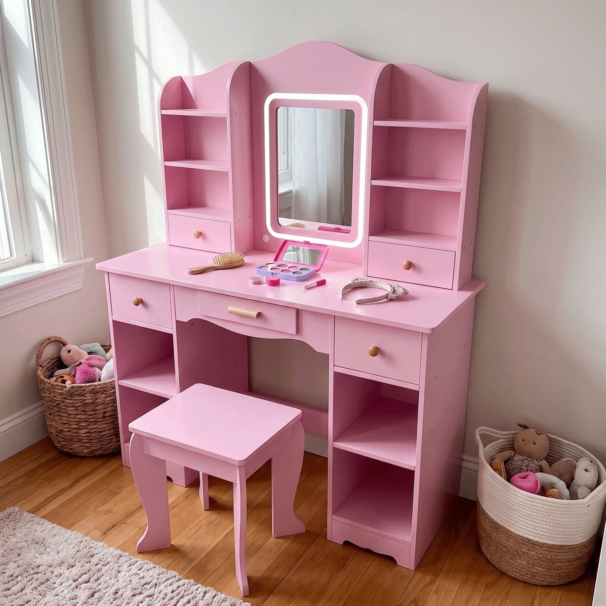 TLSUNNY Kids Vanity and Stool Set with Mirror & Adjustable Lights, Wooden Pretend Play Makeup Desk, Use for Study Desk