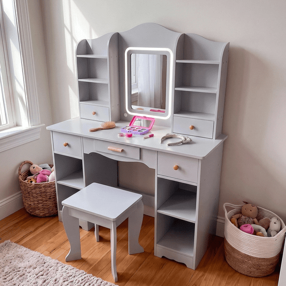 TLSUNNY Kids Vanity and Stool Set with Mirror & Adjustable Lights, Wooden Pretend Play Makeup Desk, Use for Study Desk