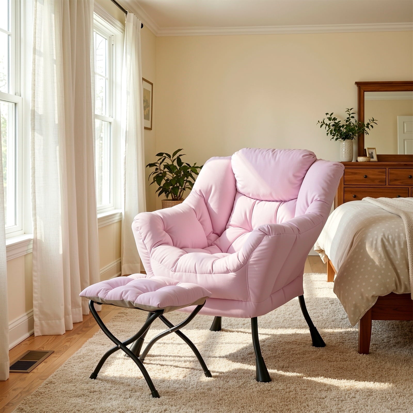 TLSUNNY Lazy Chair/ with Foldable Ottoman, Modern Lounge Reading Chair with Side Pocket, Upholstered Armchair for Living Room, Bedroom and Dorm