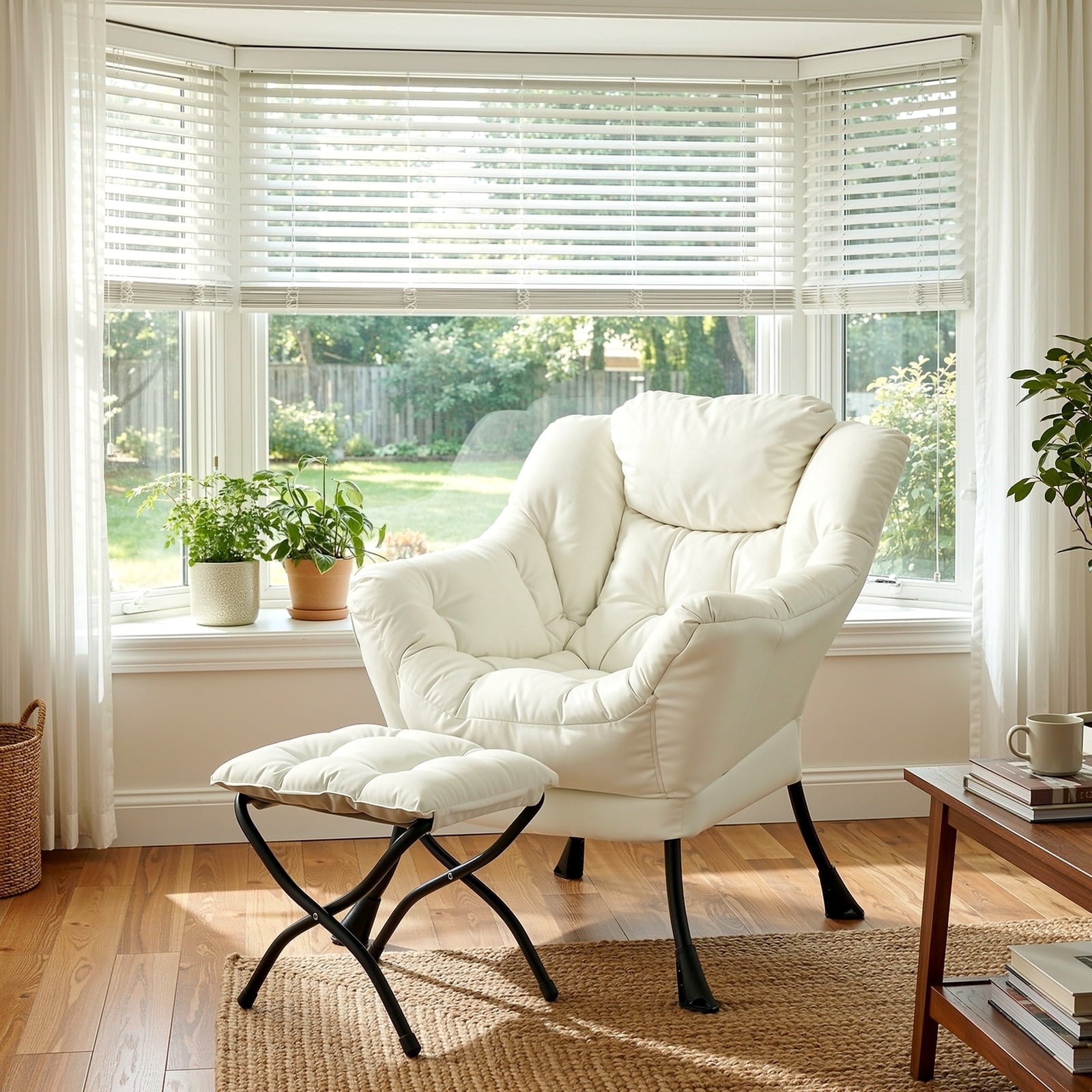 TLSUNNY Lazy Chair/ with Foldable Ottoman, Modern Lounge Reading Chair with Side Pocket, Upholstered Armchair for Living Room, Bedroom and Dorm