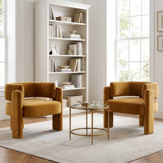 TLSUNNY Modern Velvet Accent Chair, Upholstered Barrel Chairs Comfy Side Arm Chairs with 3 Legs for Living Room/Office/Reading