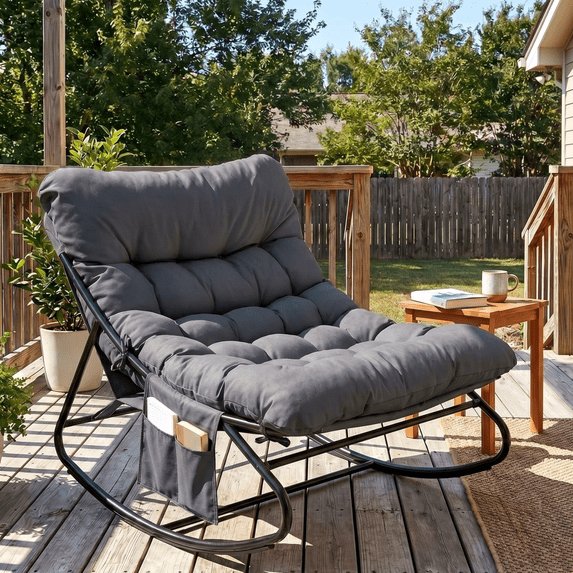 TLSUNNY Outdoor Papasan Rocking Chair, Wicker Rattan Egg Papasan Rocking Chair, Oversized Lounge Rocker Chairs for Patio, Balcony, Porch and Indoor