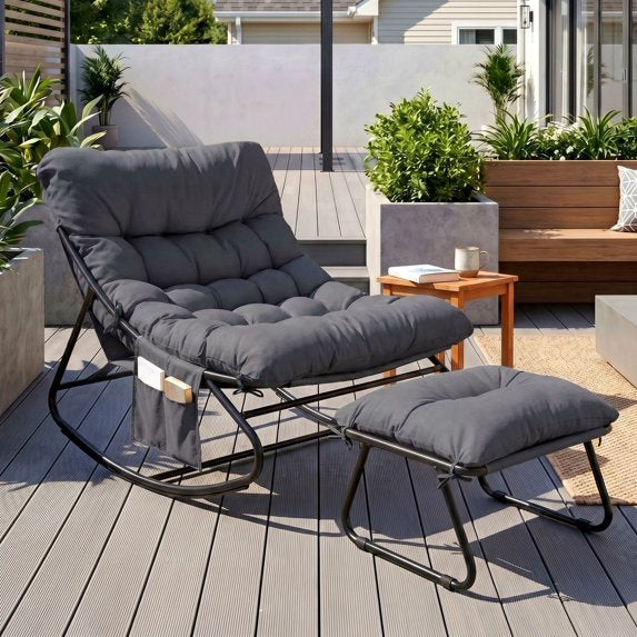 TLSUNNY Outdoor Papasan Rocking Chair, Wicker Rattan Egg Papasan Rocking Chair, Oversized Lounge Rocker Chairs for Patio, Balcony, Porch and Indoor
