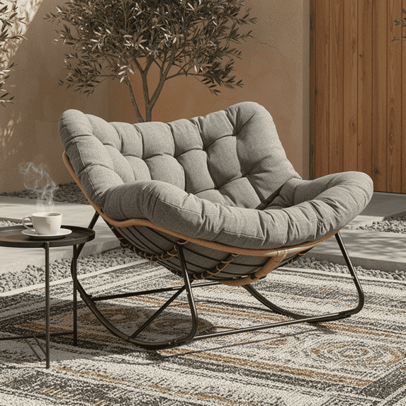 TLSUNNY Outdoor Rocking Chair, Oversized Patio Papasan Rocker, Comfy Wicker Reading Lounge, Indoor Egg Chair for Bedroom, Living Room, Lawn