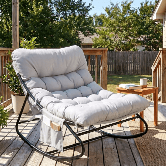 TLSUNNY Outdoor Papasan Rocking Chair, Wicker Rattan Egg Papasan Rocking Chair, Oversized Lounge Rocker Chairs for Patio, Balcony, Porch and Indoor