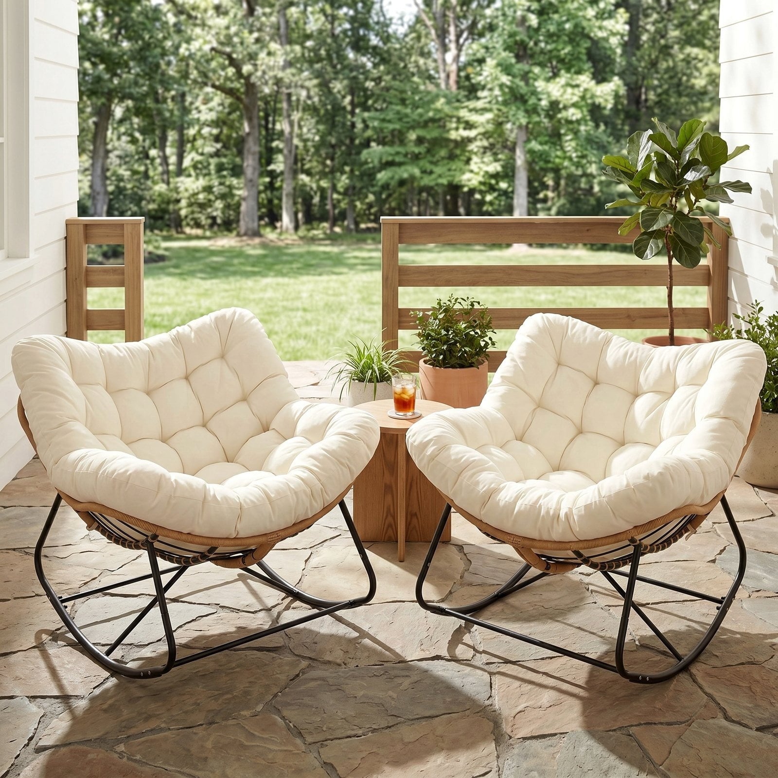 TLSUNNY Outdoor Rocking Chair, Oversized Patio Papasan Rocker, Comfy Wicker Reading Lounge, Indoor Egg Chair for Bedroom, Living Room, Lawn