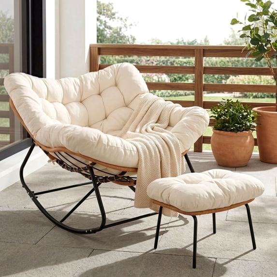 TLSUNNY Outdoor Rocking Chair, Oversized Patio Papasan Rocker, Comfy Wicker Reading Lounge, Indoor Egg Chair for Bedroom, Living Room, Lawn