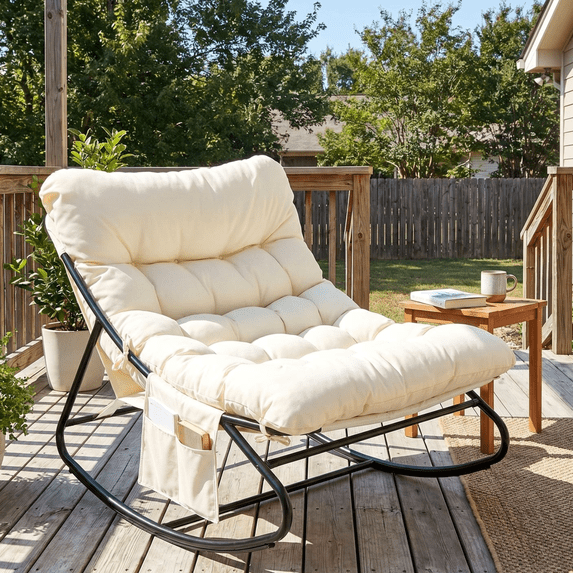 TLSUNNY Outdoor Papasan Rocking Chair, Wicker Rattan Egg Papasan Rocking Chair, Oversized Lounge Rocker Chairs for Patio, Balcony, Porch and Indoor