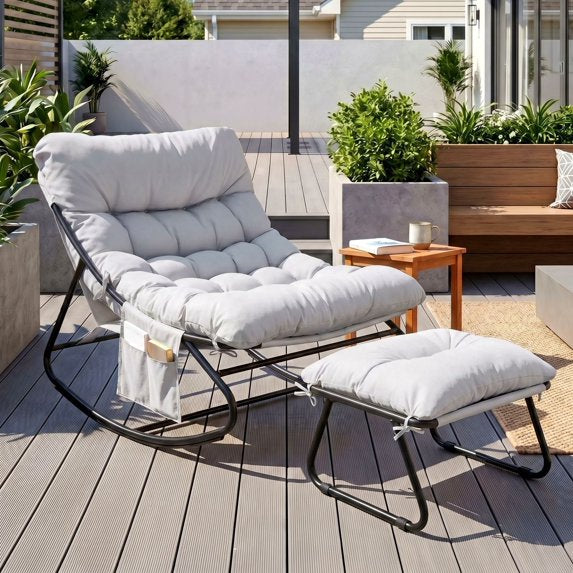 TLSUNNY Outdoor Papasan Rocking Chair, Wicker Rattan Egg Papasan Rocking Chair, Oversized Lounge Rocker Chairs for Patio, Balcony, Porch and Indoor