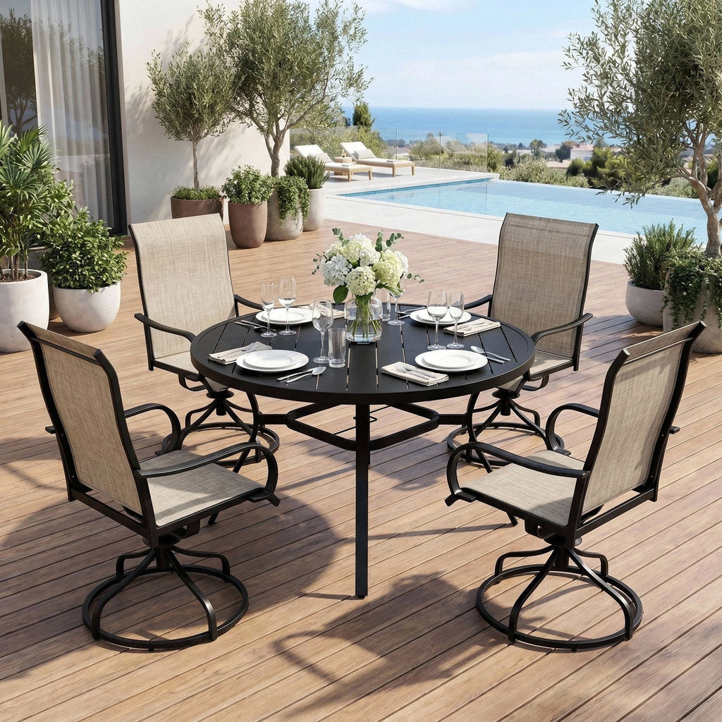 TLSUNNY 5-Piece Outdoor Dining Set for 4, 47.2" Round Black Metal Table W/ Umbrella Hole & 4 Iron Swivel Chairs, Patio Dining Furniture, for Patio, Deck, Porch (Umbrella Not Included)