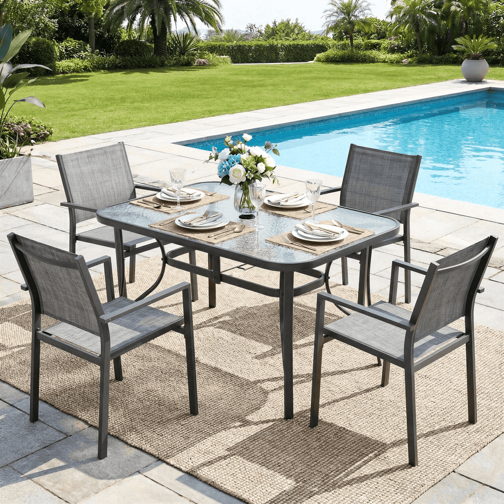 TLSUNNY Outdoor Table and Chairs Set for 4, Rectangular Glass Table W/ Umbrella Hole & 4 Textilene Stackable Chairs, Patio Dining Set for Garden, Backyard, Small Space