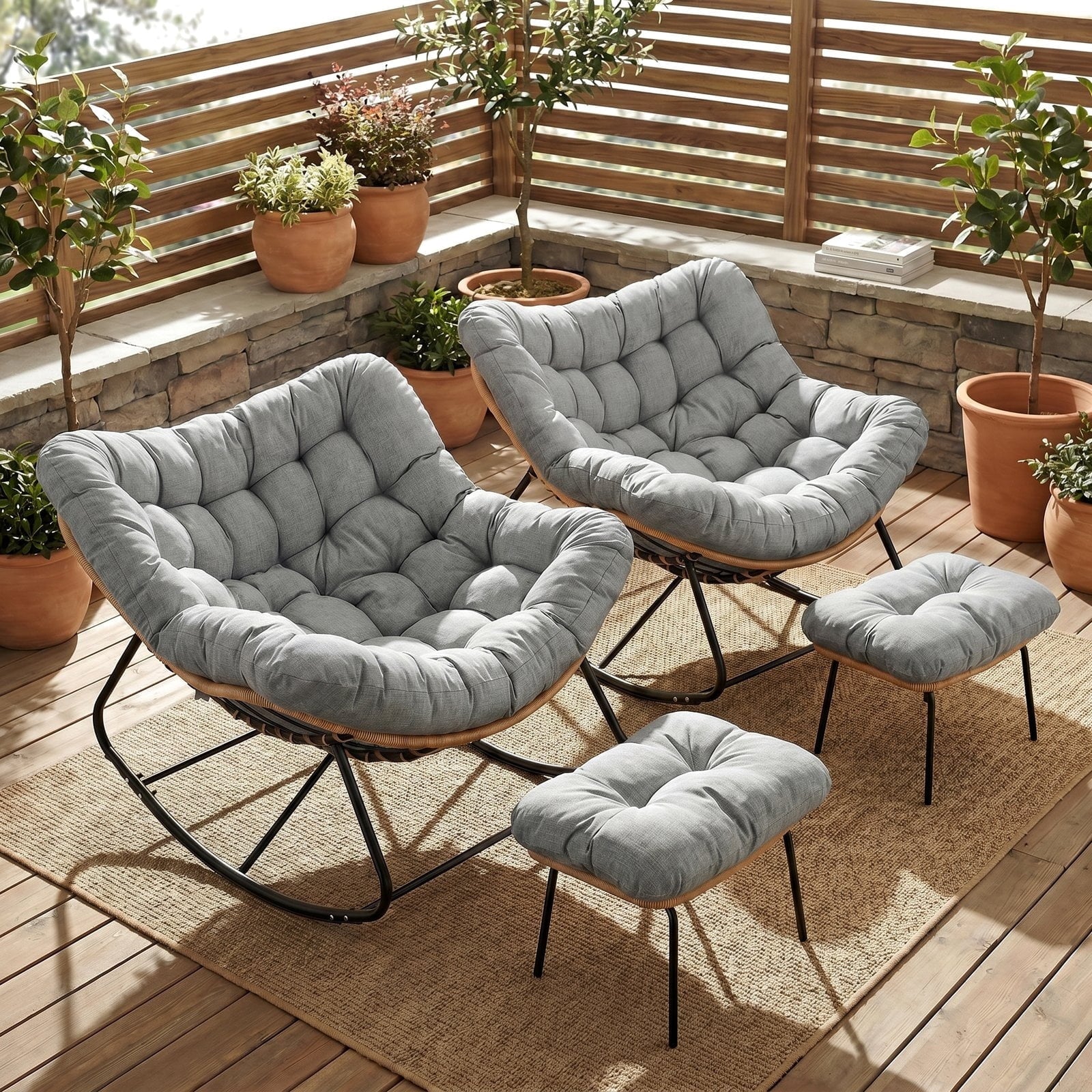 TLSUNNY Outdoor Rocking Chair, Oversized Patio Papasan Rocker, Comfy Wicker Reading Lounge, Indoor Egg Chair for Bedroom, Living Room, Lawn
