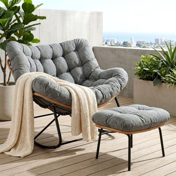 TLSUNNY Outdoor Rocking Chair, Oversized Patio Papasan Rocker, Comfy Wicker Reading Lounge, Indoor Egg Chair for Bedroom, Living Room, Lawn