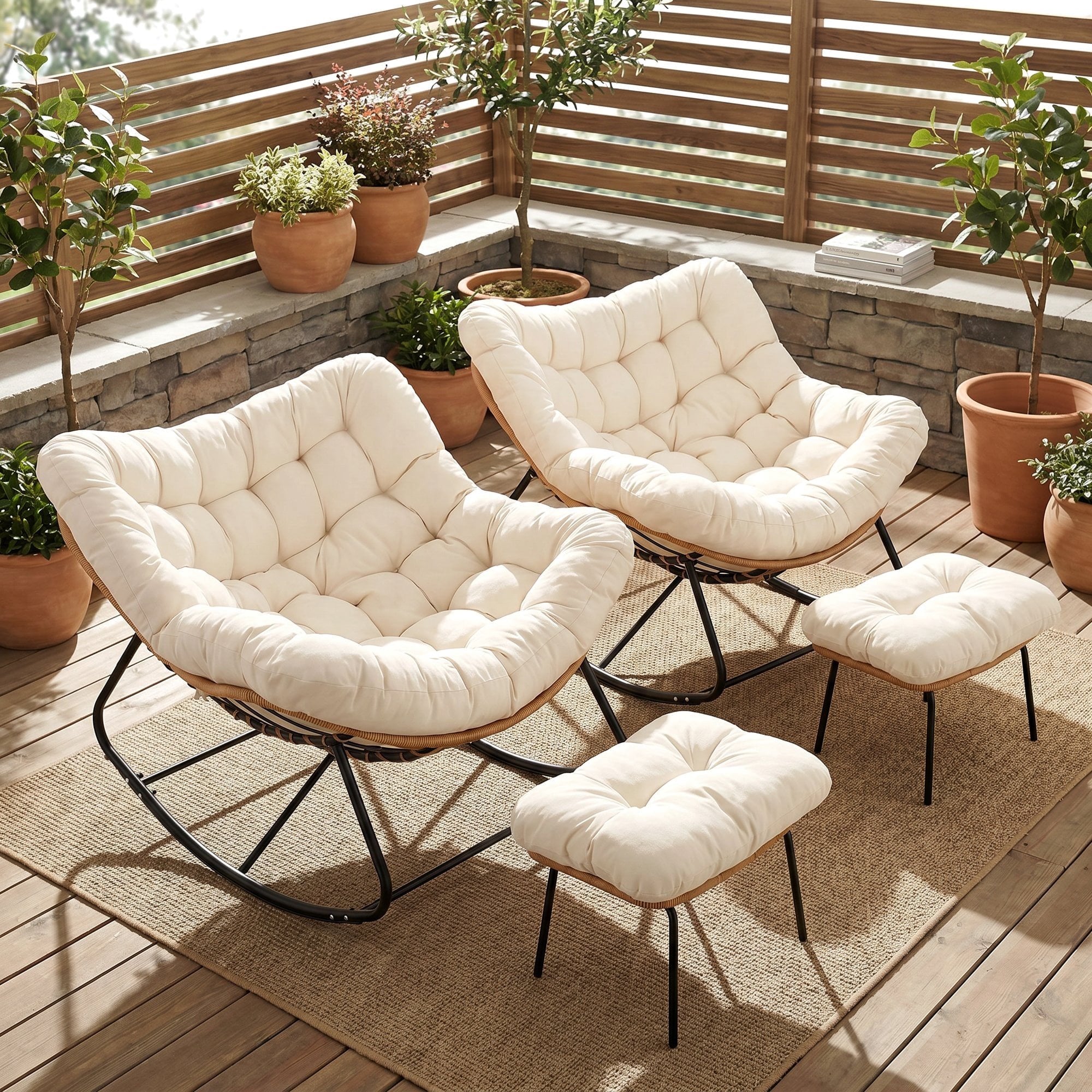 TLSUNNY Outdoor Rocking Chair, Oversized Patio Papasan Rocker, Comfy Wicker Reading Lounge, Indoor Egg Chair for Bedroom, Living Room, Lawn