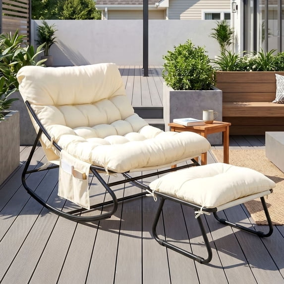 TLSUNNY Outdoor Papasan Rocking Chair, Wicker Rattan Egg Papasan Rocking Chair, Oversized Lounge Rocker Chairs for Patio, Balcony, Porch and Indoor