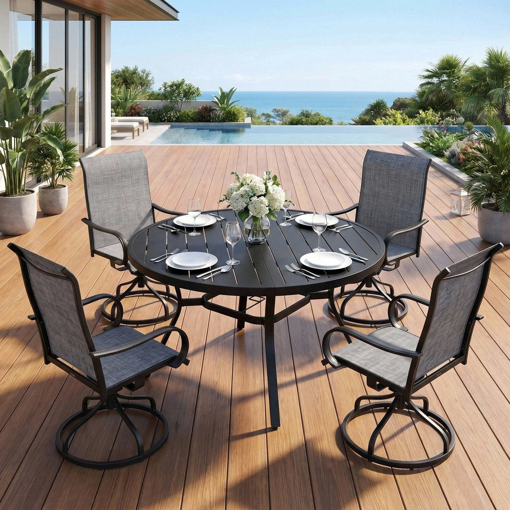 TLSUNNY 5-Piece Outdoor Dining Set for 4, 47.2" Round Black Metal Table W/ Umbrella Hole & 4 Iron Swivel Chairs, Patio Dining Furniture, for Patio, Deck, Porch (Umbrella Not Included)