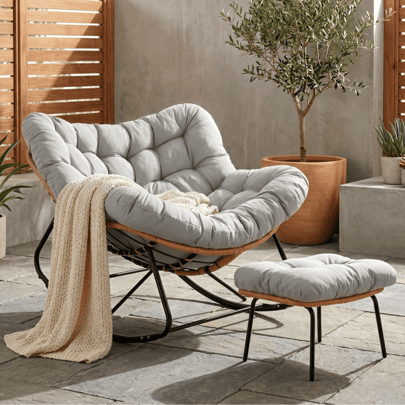 TLSUNNY Outdoor Rocking Chair, Oversized Patio Papasan Rocker, Comfy Wicker Reading Lounge, Indoor Egg Chair for Bedroom, Living Room, Lawn