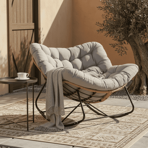 TLSUNNY Outdoor Rocking Chair, Oversized Patio Papasan Rocker, Comfy Wicker Reading Lounge, Indoor Egg Chair for Bedroom, Living Room, Lawn