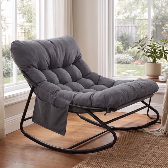TLSUNNY Indoor Rocking Chair, Accent Rocker Chair with Solid Metal Frame, Side Pocket, Papasan Rocker Lounge Chair for Living Room/Bedroom/Reading Nook