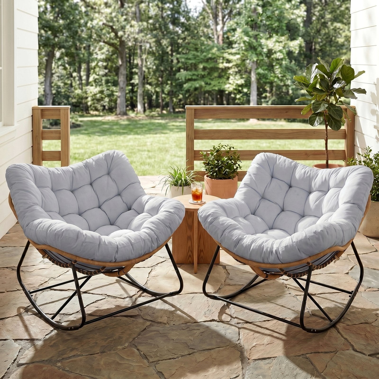 TLSUNNY Outdoor Rocking Chair, Oversized Patio Papasan Rocker, Comfy Wicker Reading Lounge, Indoor Egg Chair for Bedroom, Living Room, Lawn