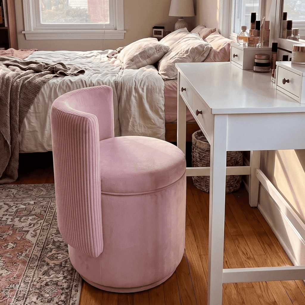 TLSUNNY Swivel Velvet Vanity Stool with Storage, 28L Hidden Storage Space, Modern Makeup Vanity Chair, 350LBS, Pink