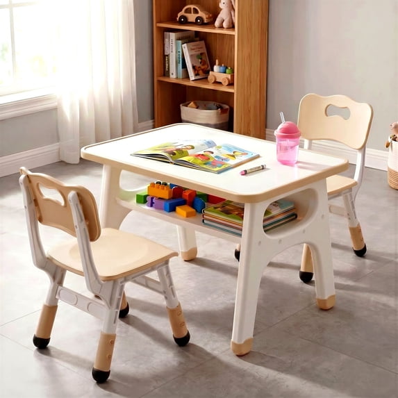 TLSUNNY Kids Table and 2 Chairs Set, Toddler Activity Table with Large Storage, Graffiti Desktop, Adjustable Height Chair with Anti-Slip Foot Covers, for Reading, Drawing, Snack Time