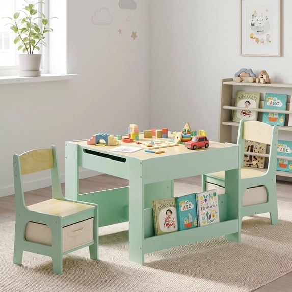 TLSUNNY Kids Table and Chairs Set, 4-in-1 Toddler Activity Art Table with Bookshelf Storage & Reversible Top, for Drawing, Playing, Learning