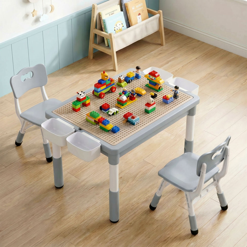 TLSUNNY Toddler Table and 2 Chairs Set, W/ Large Storage & Double-Sided Graffiti/Block Building Table Top, 4 Drawers, Height Adjustable