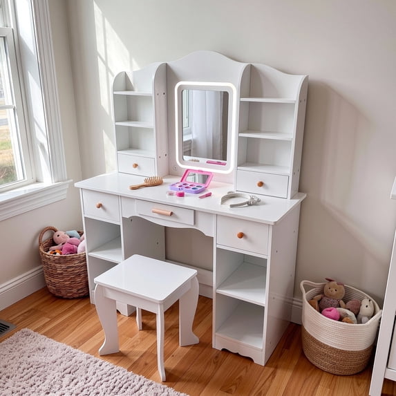 TLSUNNY Kids Vanity and Stool Set with Mirror & Adjustable Lights, Wooden Pretend Play Makeup Desk, Use for Study Desk