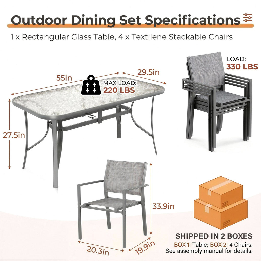TLSUNNY Outdoor Table and Chairs Set for 4, Rectangular Glass Table W/ Umbrella Hole & 4 Textilene Stackable Chairs, Patio Dining Set for Garden, Backyard, Small Space