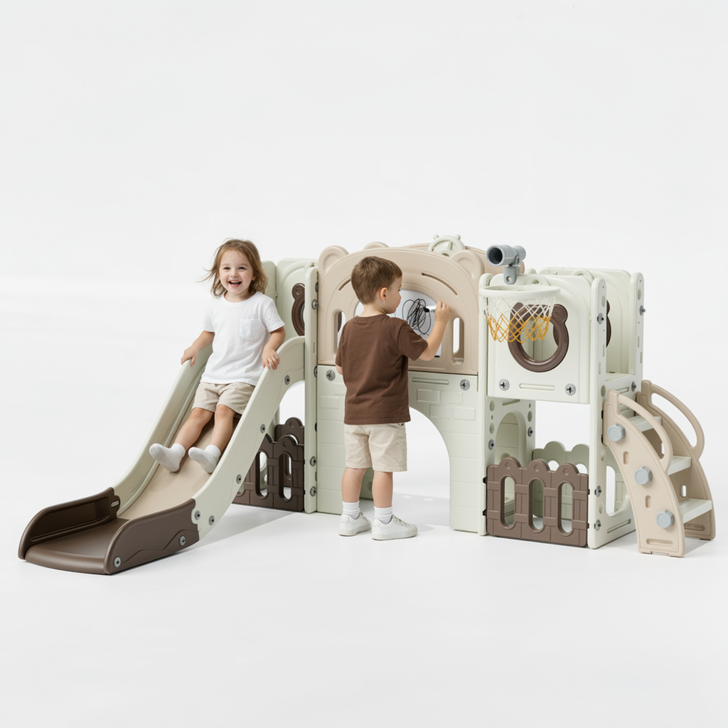 TLSUNNY 10-in-1 Kids Slide & Climber Set, with Basketball Hoop, Telescope, Drawing Board, Tunnel, Indoor Outdoor Toddler Playset