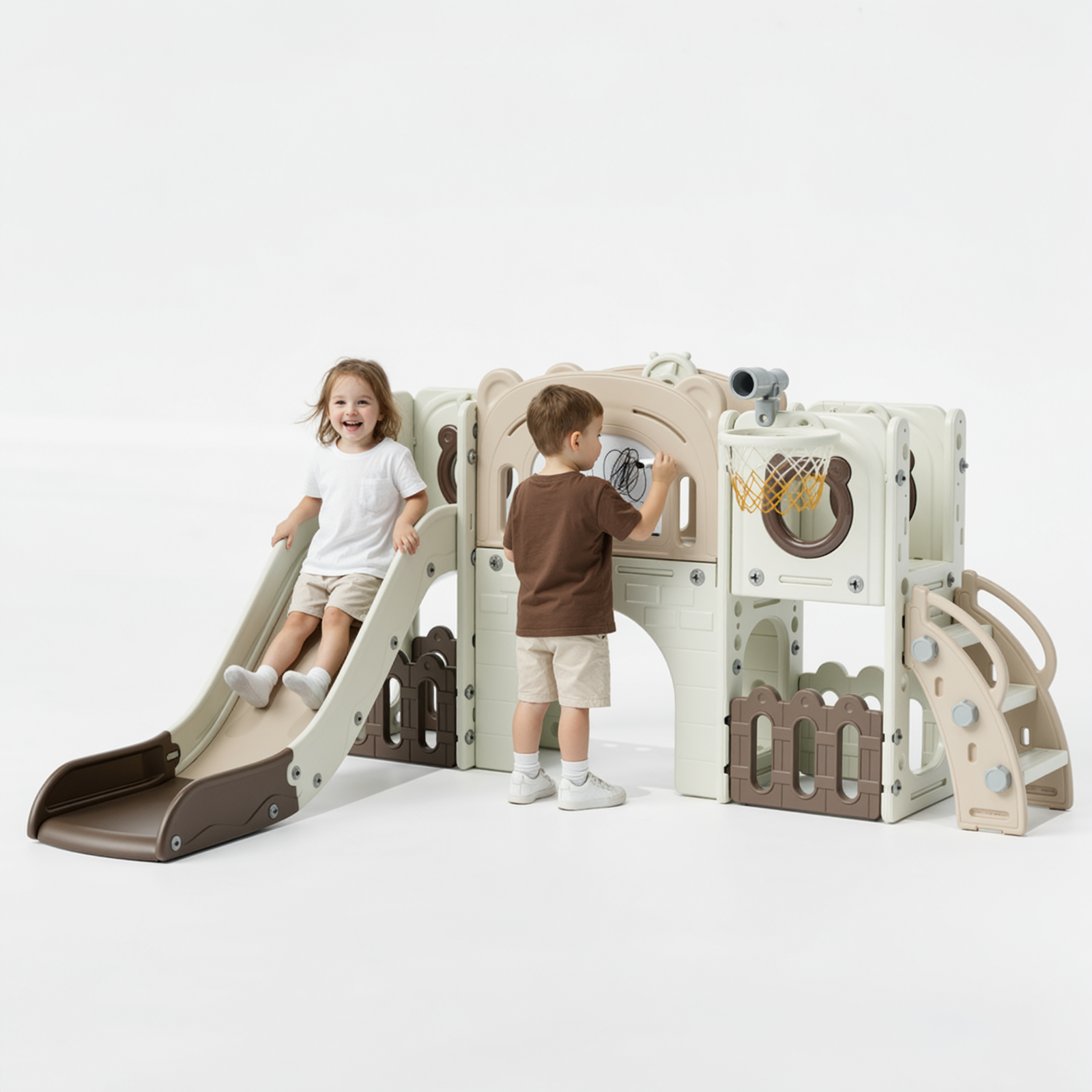 TLSUNNY 10-in-1 Kids Slide & Climber Set, with Basketball Hoop, Telescope, Drawing Board, Tunnel, Indoor Outdoor Toddler Playset