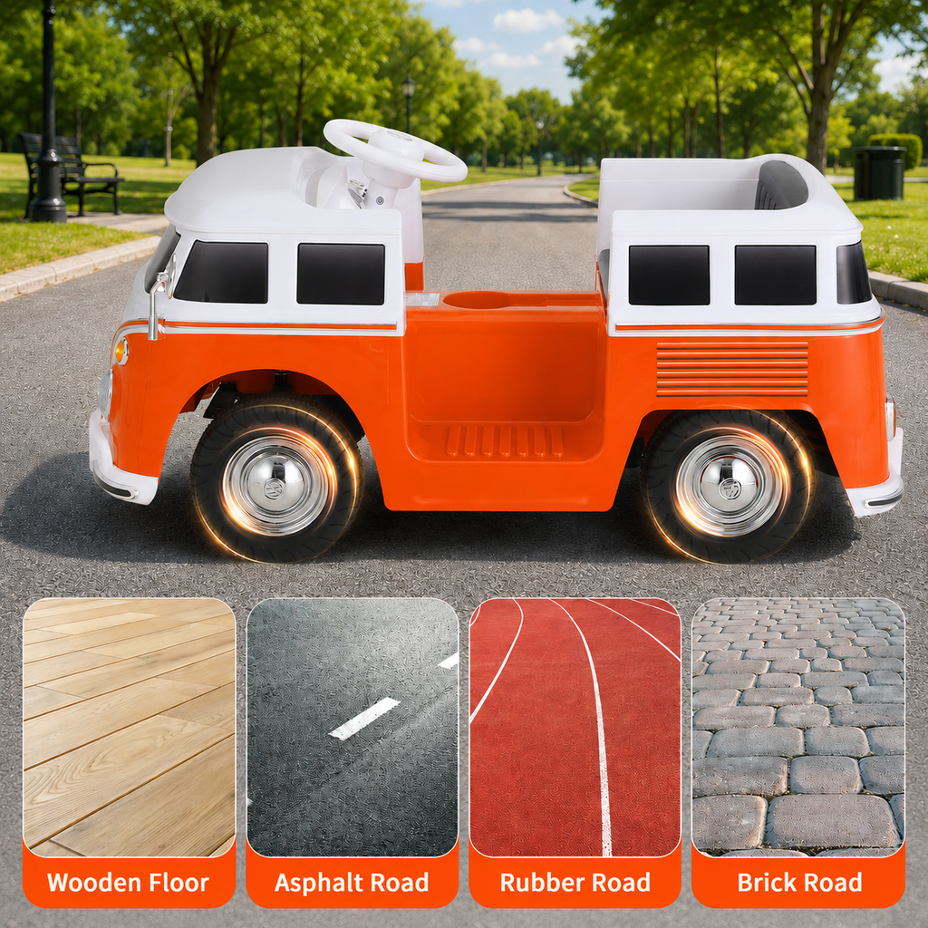TLSUNNY 6V Kids Ride On Car, Licensed VW Bus, Electric Vehicle with Lights, Battery Powered Driving Toy, Ideal Gift for Kids, Orange