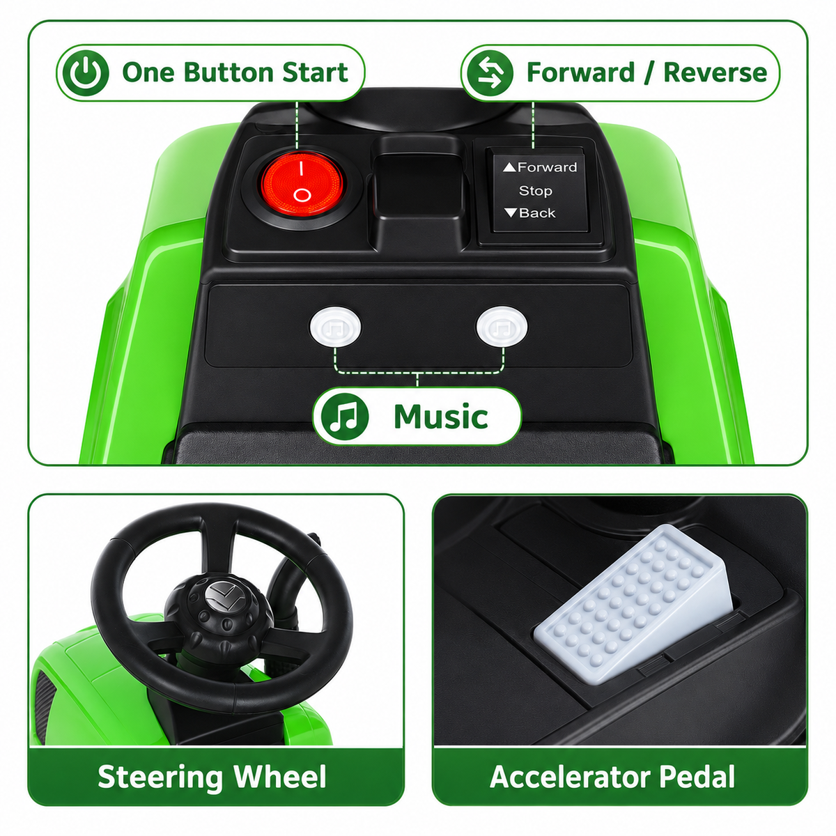 TLSUNNY 6V Kids Ride on Tractor, Battery Powered Vehicle with Detachable Trailer, Music, Headlights & Foot Pedal Control for Toddlers Boys & Girls